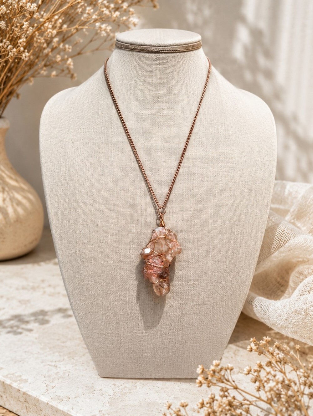 Raw Hematoid (Red) Quartz Wire-Wrapped Pendant Necklace – Copper Chain – Crystal